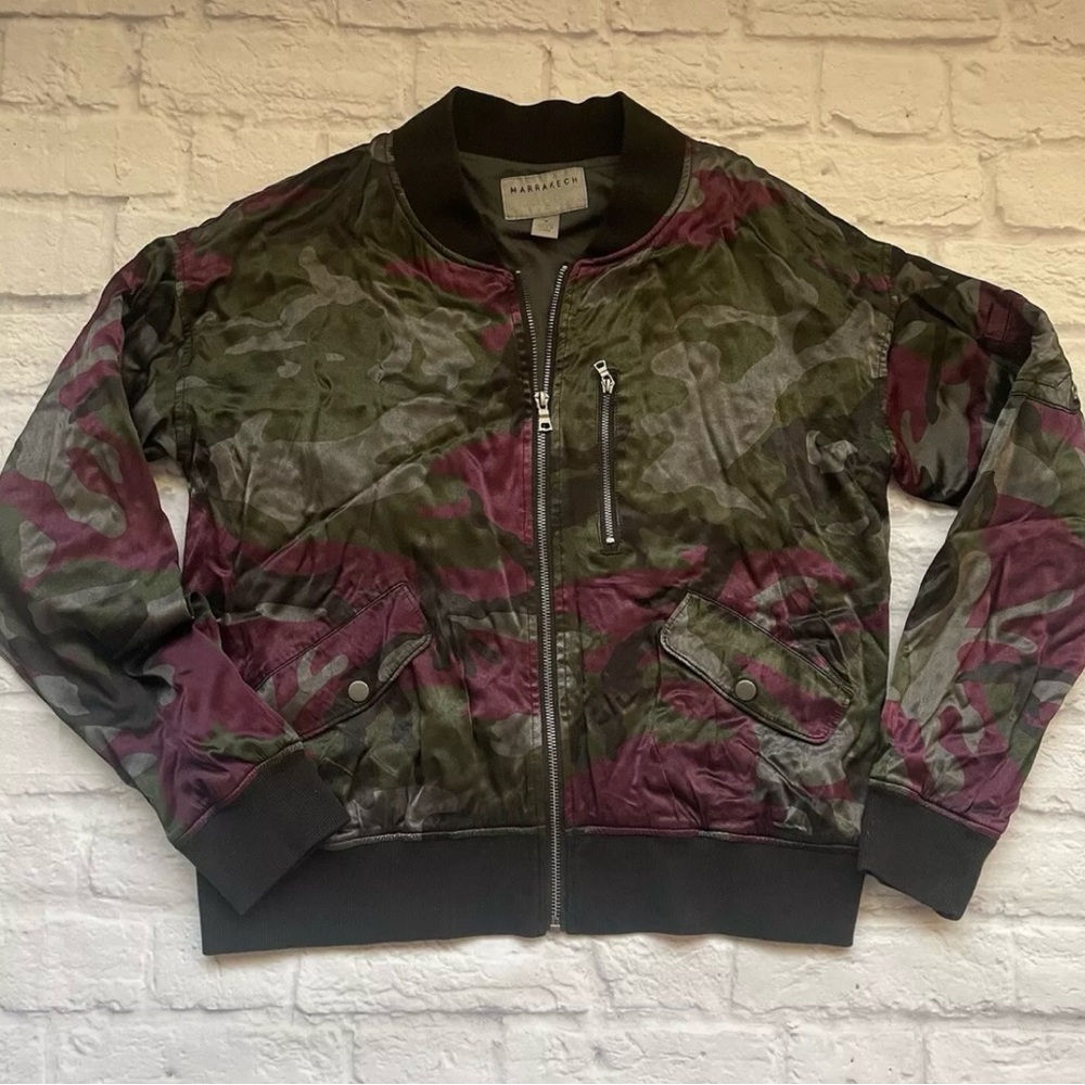 Marrakech Anthropologie Gray, Black & Purple Camo Zip-Up Bomber Jacket, Size M
